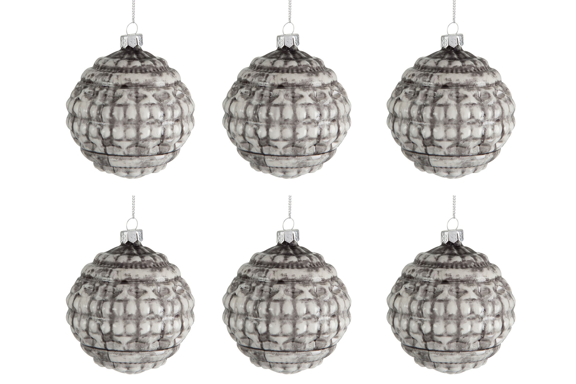 Doos van 6 kerstbal met ronde print glas groen/beige klein 8 cm