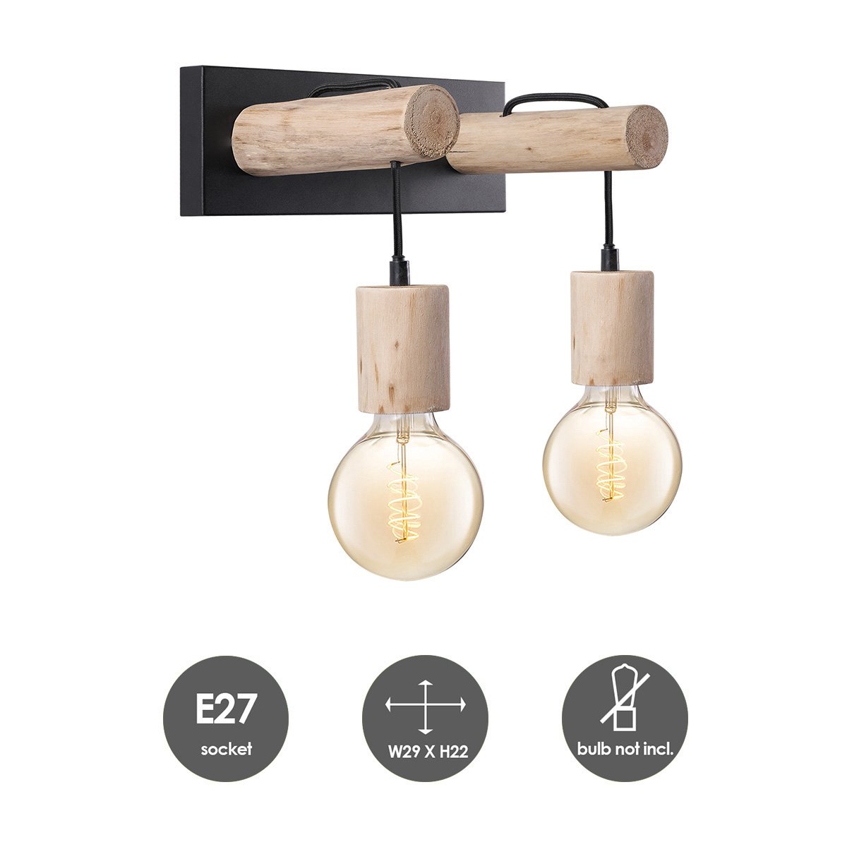 Landelijke Wandlamp Billy | 29/20/22cm | Zwart | E27