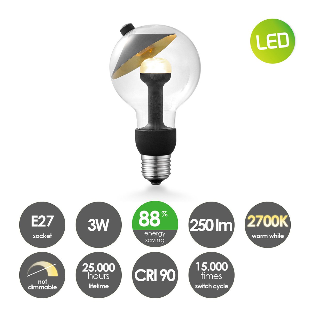 LED lamp Cone zwart-goud G80 E27 3W 220Lm 2700K