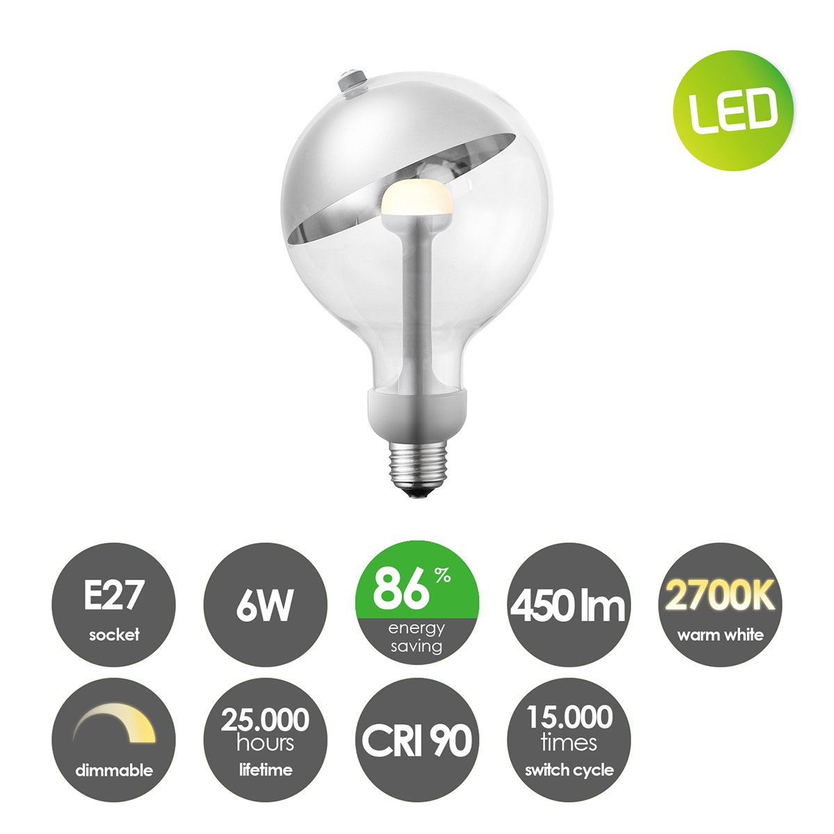 dimbare LED lamp Sphere zilver G120 E27 5W 400Lm