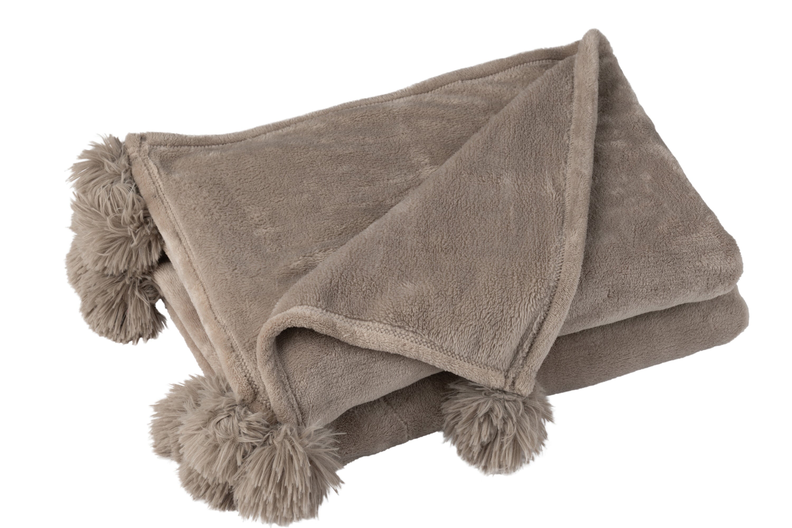 J-Line Plaid Pompon - polyester - taupe - 170 x 130 cm