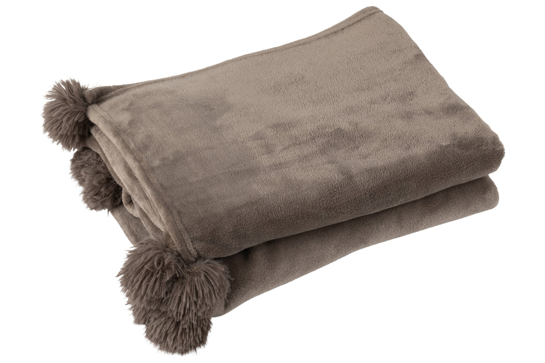 J-Line Plaid Pompon - polyester - donker taupe - 170 x 130 cm