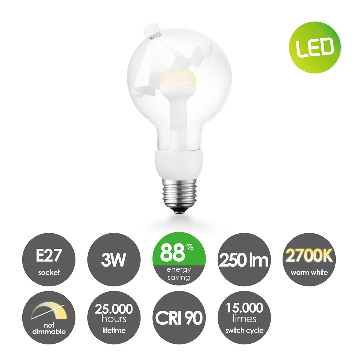 LED lamp Umbrella wit G80 E27 3W 220Lm 2700K