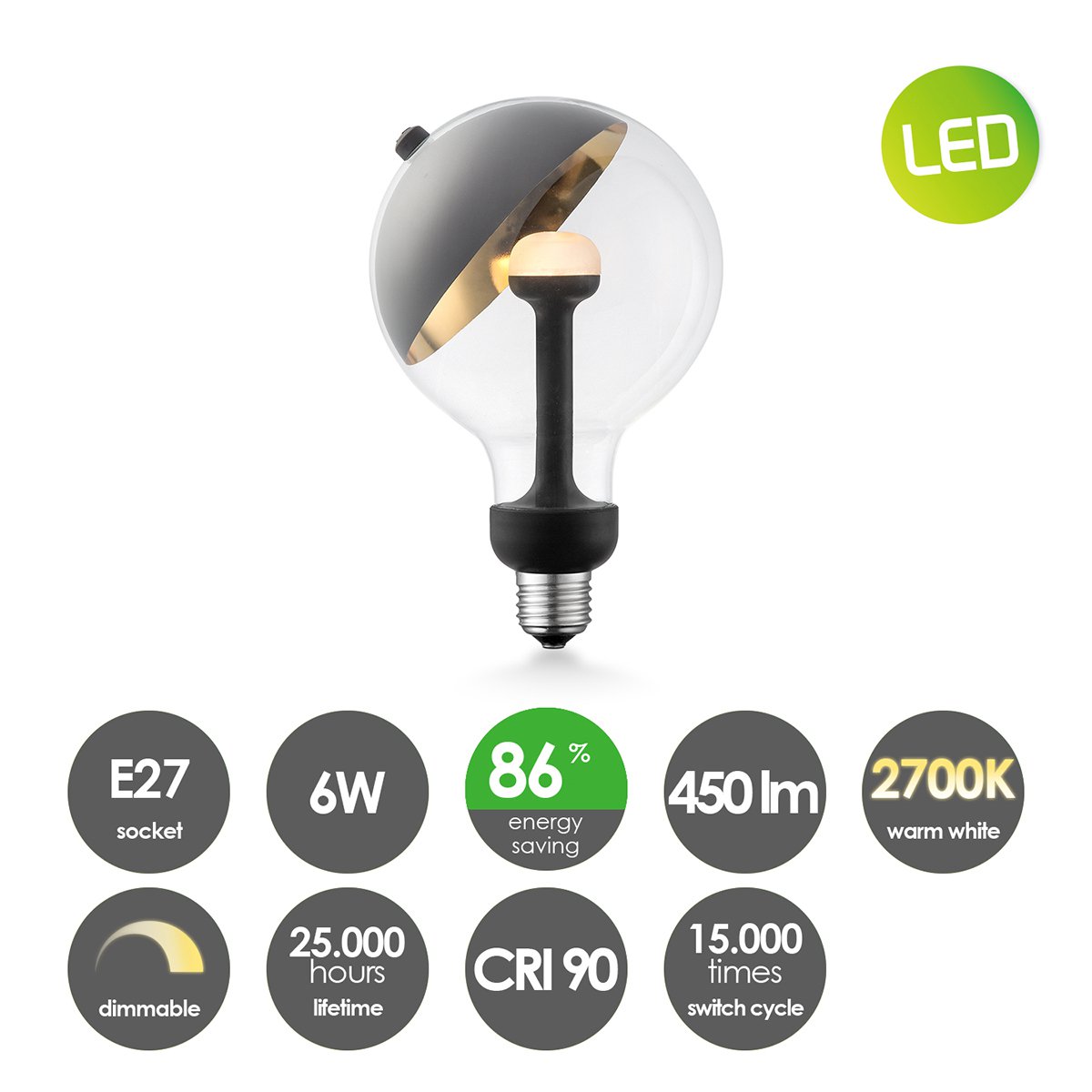 dimbare LED lamp Sphere zwart-goud G120 E27 5W 400Lm