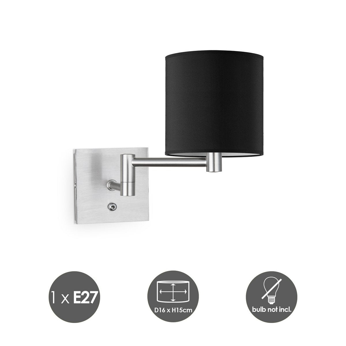 Wandlamp - Swing, E27, zwart Lampenkap 16x15cm
