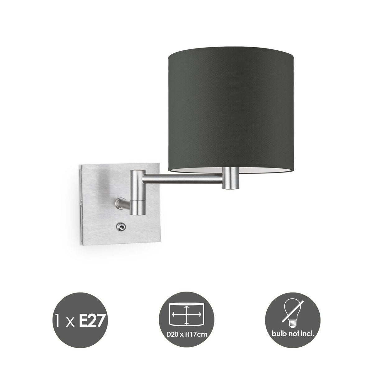 Wandlamp - Swing, E27, antraciet Lampenkap 20x17cm