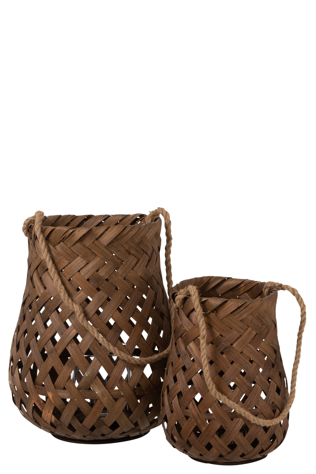 Lantaarn Geweven Ronde Bamboe/Glas Donkerbruin Groot