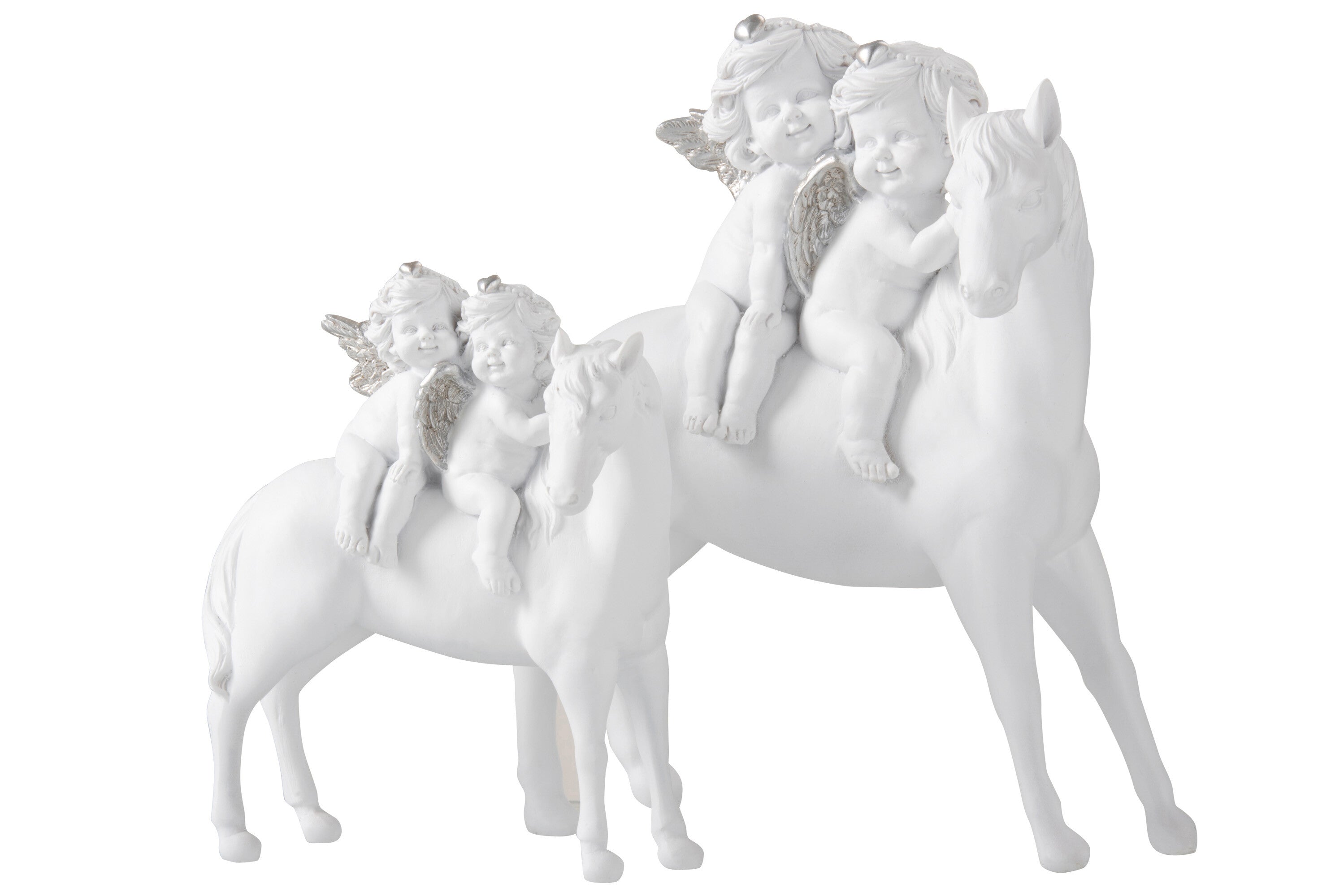 J-Line Paard Met 2 Engelen Poly Wit/Zilver Large