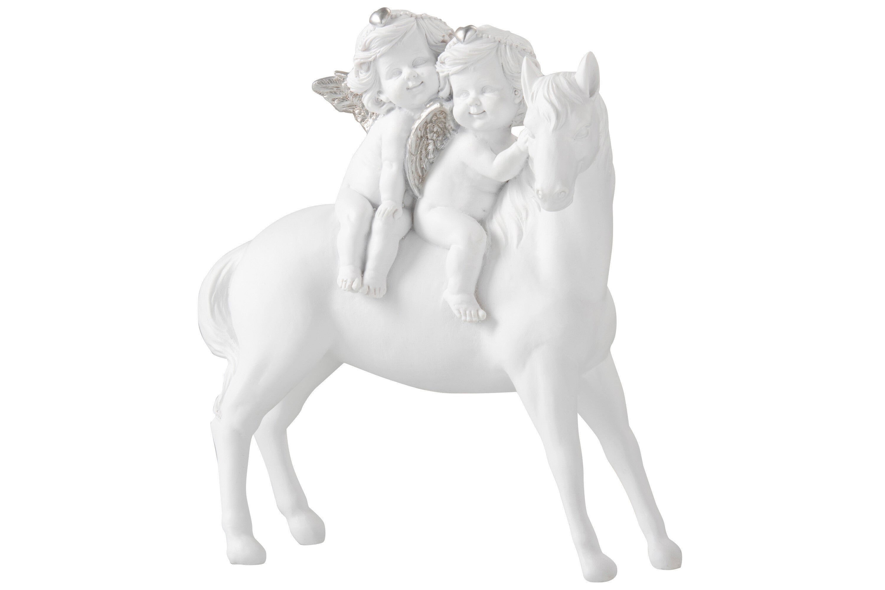 J-Line Paard Met 2 Engelen Poly Wit/Zilver Large