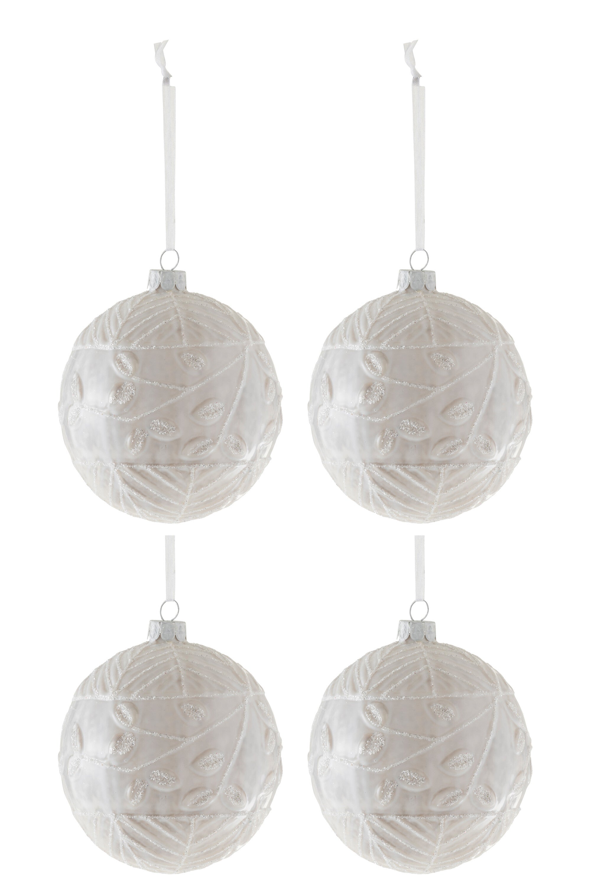 J-Line Box Of 4 Christmas Baubles Leaf Glitter Glass White Medium