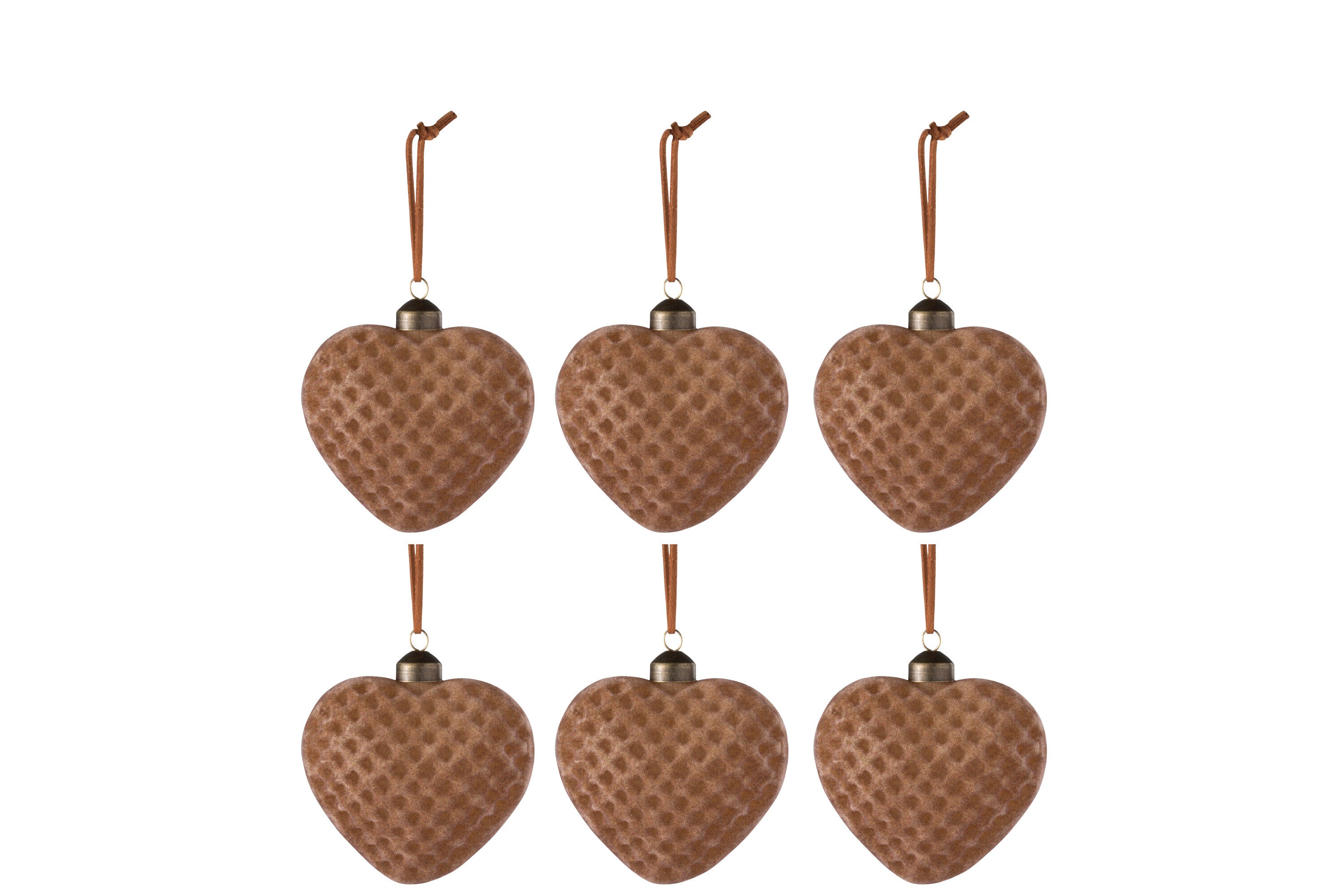 J-Line Doos met 6 kerstballen Hart fluweel glas bruin klein