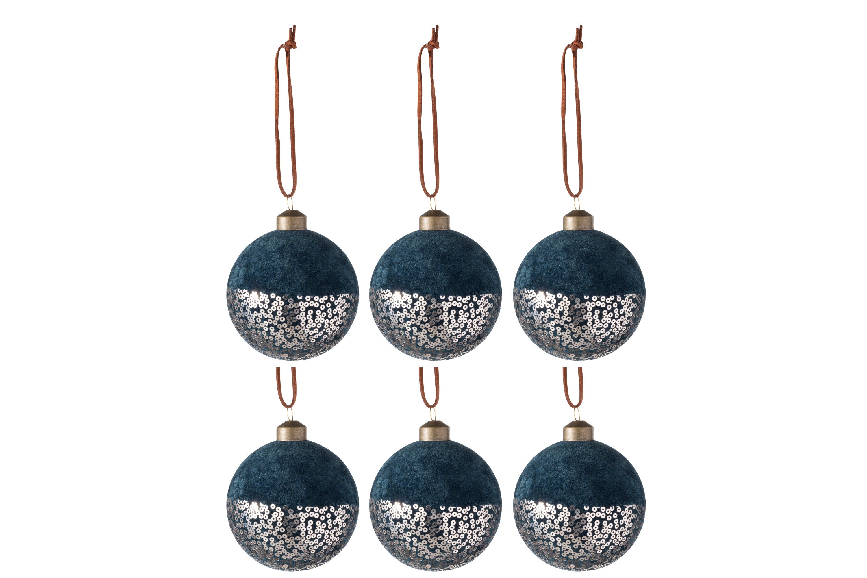 Doos met 6 kerstballen fluweel/pailletten glas blauw/goud klein