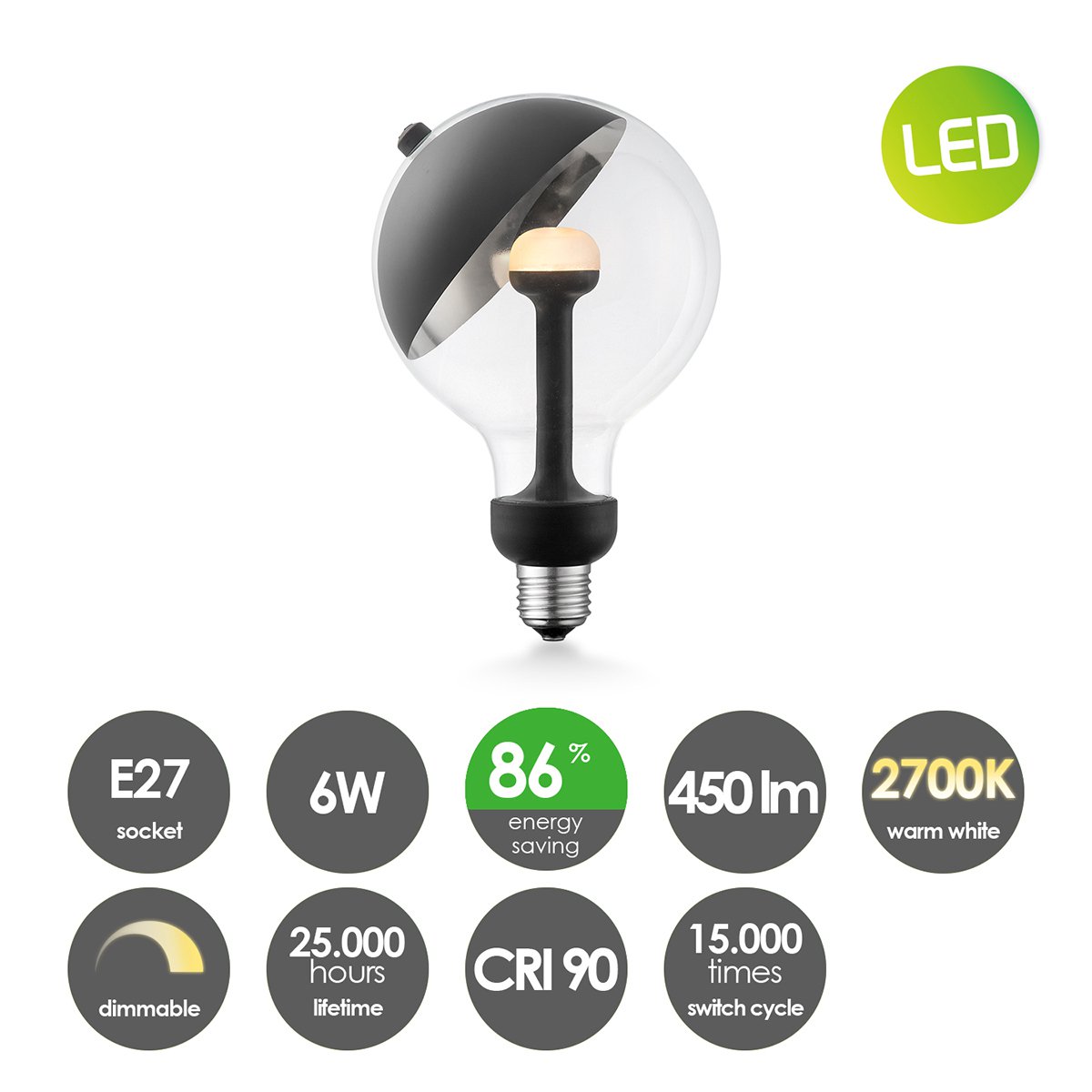 dimbare LED lamp Sphere zwart-zilver G120 E27 5W 400Lm