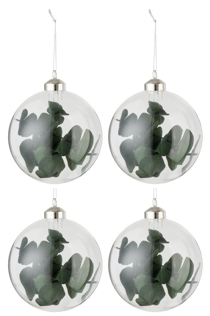 J-Line Box Of 4 Christmas Baubles Dried Eucalyptus Green Glass Transparent Medium