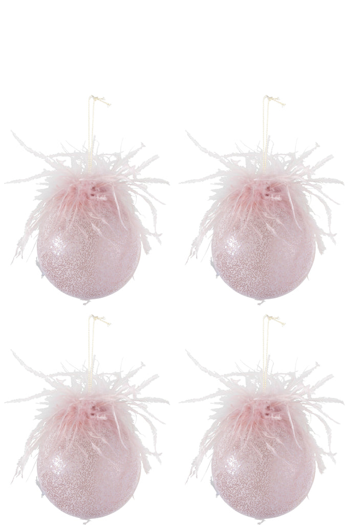 Doos met 4 kerstballen veren glas mat roze medium