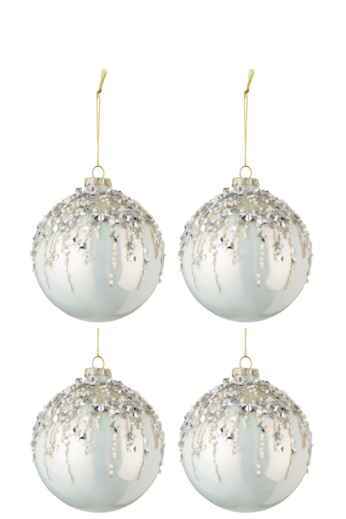 Doos met 4 kerstballen Parel Glitter Glas Parel Wit Middelgroot