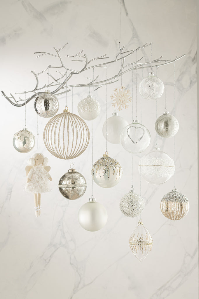 Doos met 4 kerstballen Parel Glitter Glas Parel Wit Middelgroot