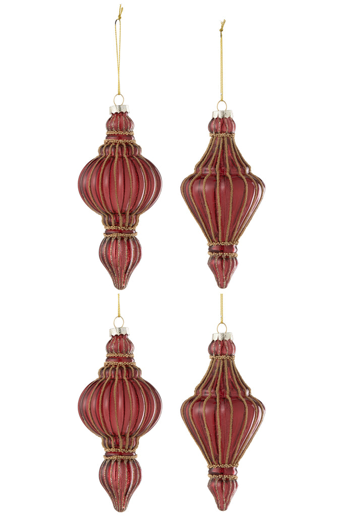 J-Line Doos met 4 kerstballen 2+2 druppelornamenten glas rood/goud