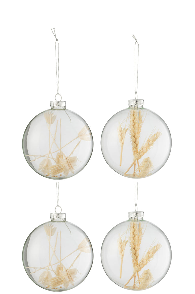 J-Line Doos met 4 kerstballen 2+2 gedroogde takken Beige glas transparant groot