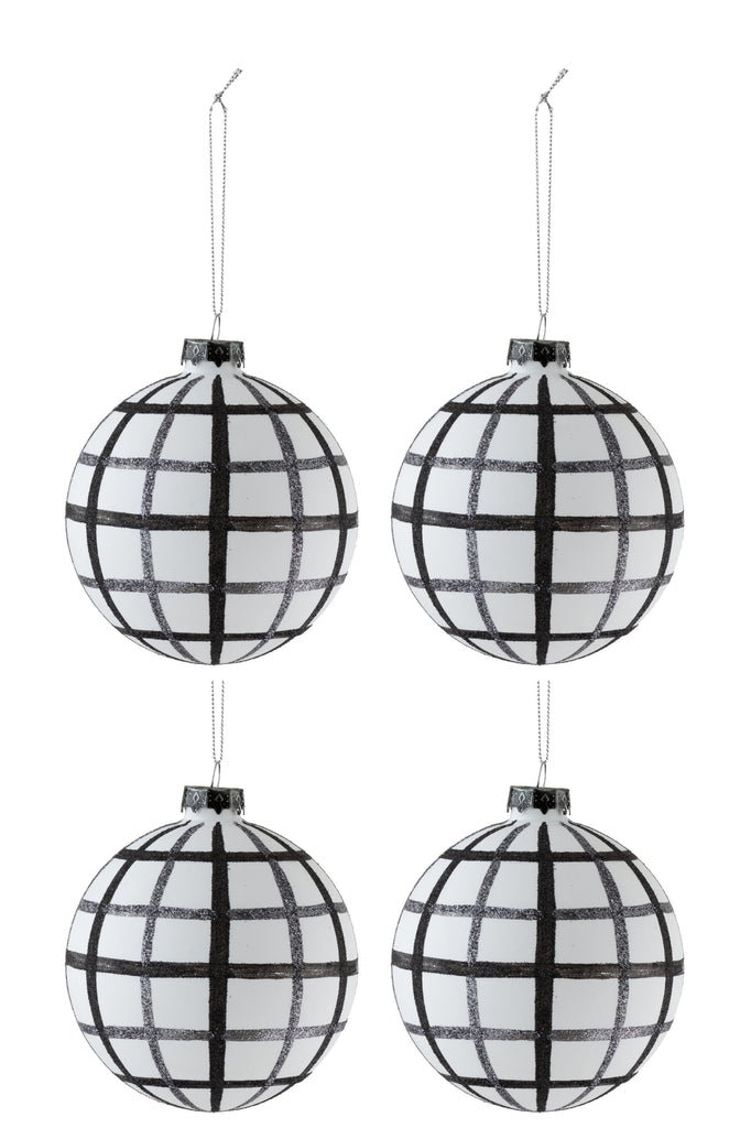 J-Line Doos met 4 kerstballen ruiten glas wit/zwart medium