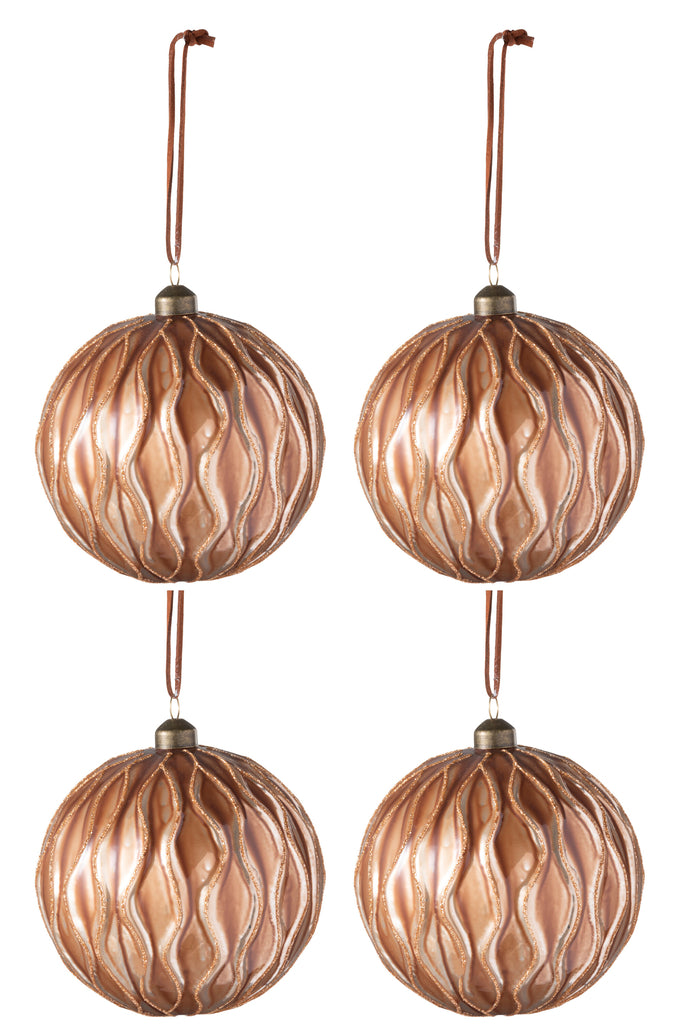 J-Line Doos met 4 kerstballen lijnen glas bruin groot
