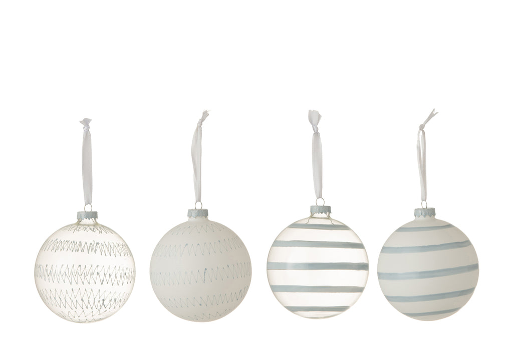 Doos met 4 kerstballen, 2 glashelder/2 opaalwit/blauw, groot assortiment van 2.