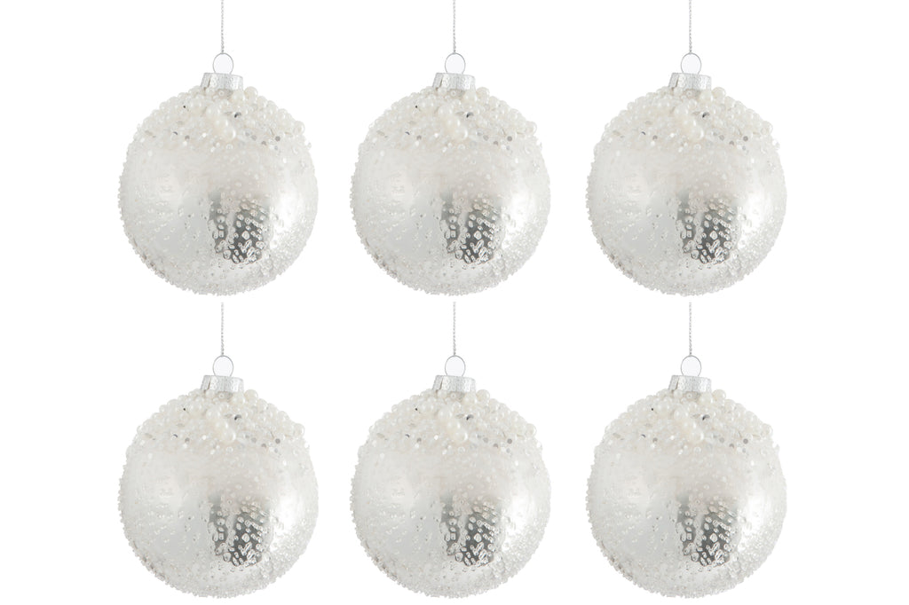 Doos met 6 kerstbal parelglas antiek zilver/wit klein