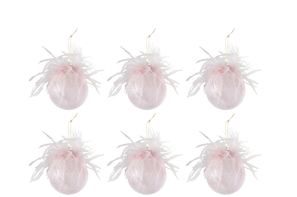 Doos met 6 kerstballen veren glas mat roze klein
