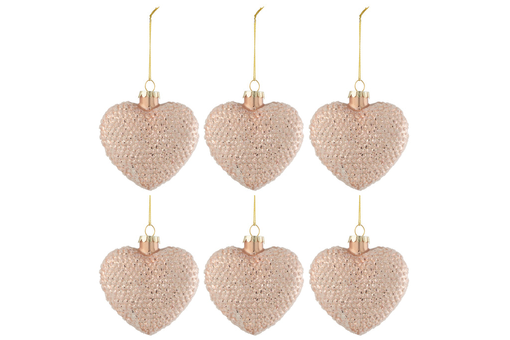 Doos met 6 kerstballen Hart Glitter Glas Glanzend Lichtroze Klein