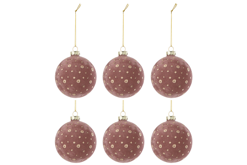 J-Line Doos Van 6 Kerstbal Stippen Fluweel Licht Roze/Goud