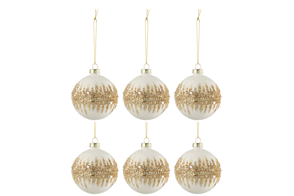 Doos met 6 kerstballen rond glitter goud glas glanzend wit