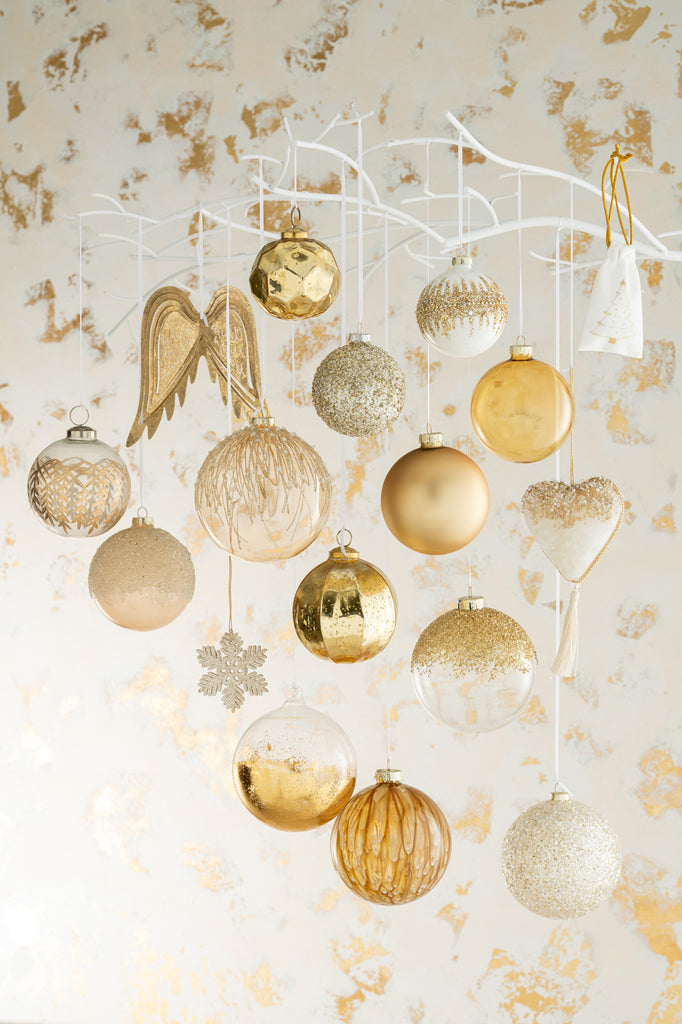 Doos met 6 kerstballen rond glitter goud glas glanzend wit
