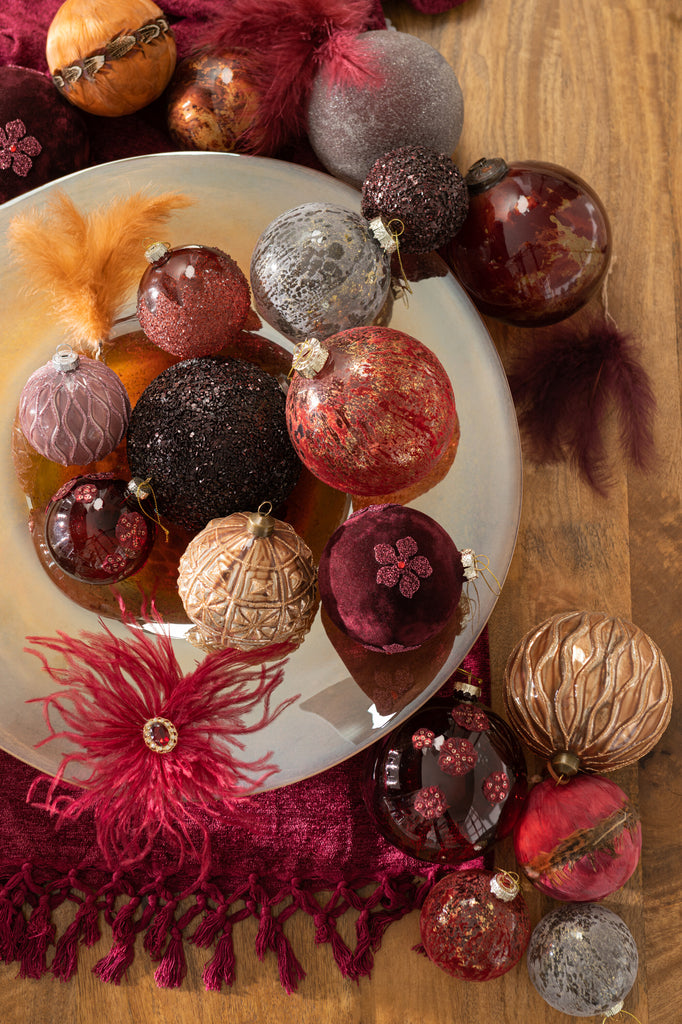 J-Line Box Of 6 Christmas Baubles Flowers Glass Burgundy Small