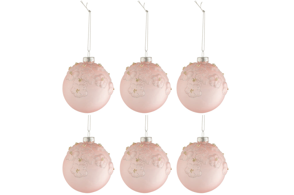 Doos met 6 kerstballen Bloemen Glas Mat Opaal Lichtroze Klein