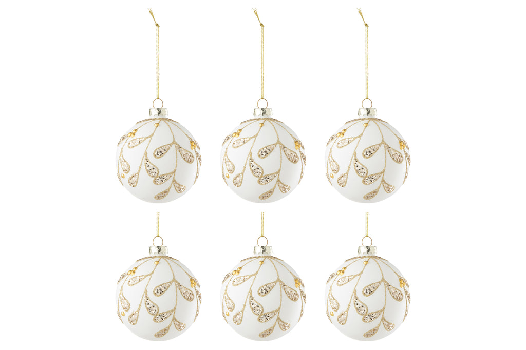 J-Line Doos met 6 kerstballen met pailletten, glas, wit/goud
