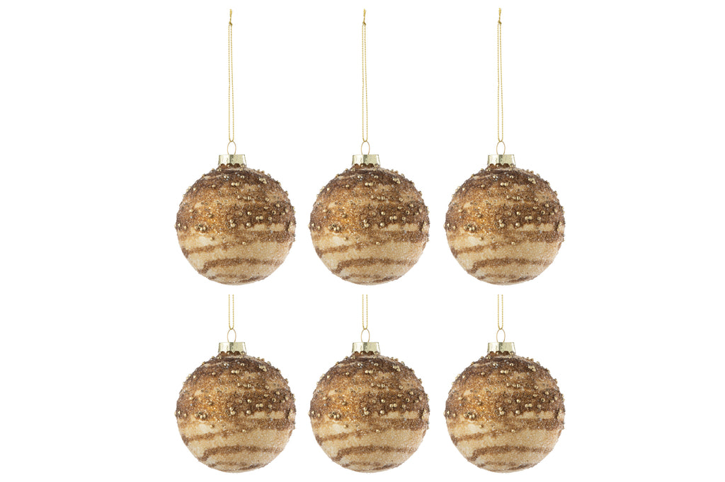 J-Line Doos met 6 kerstballen lijnen pailletten glas bruin
