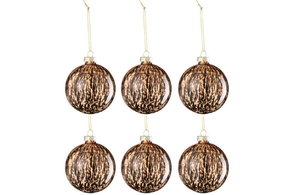 J-Line Doos met 6 kerstballen stippen glas bruin/zwart klein