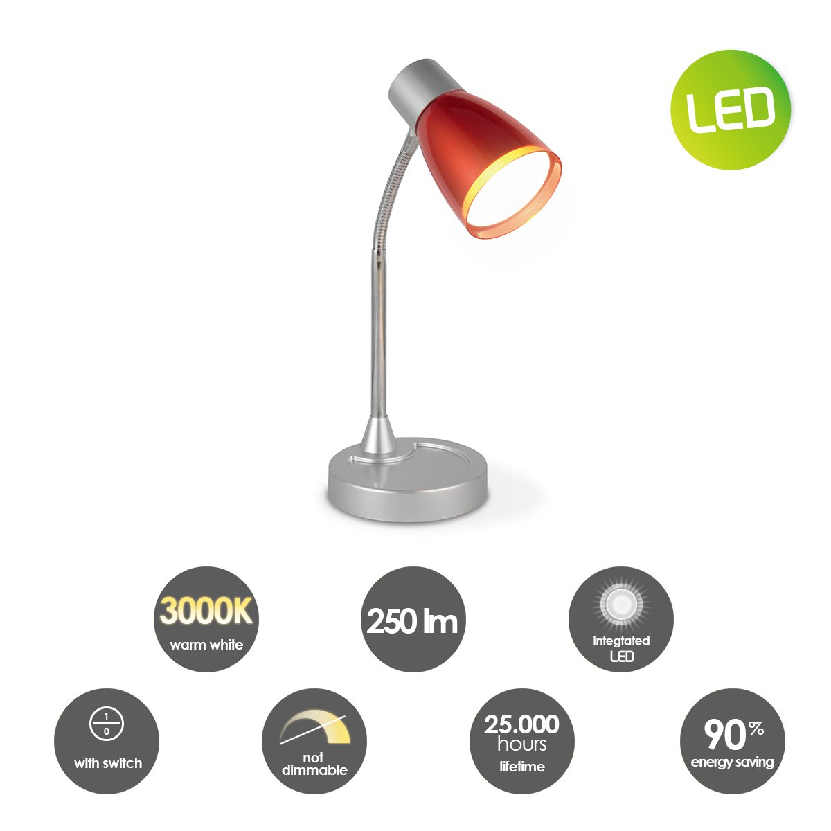 Lumy Led Bureaulamp 3W Rood - Verstelbare