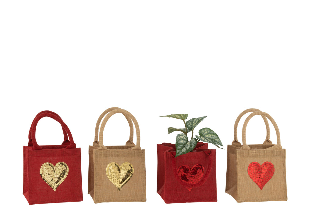 Zak Hart Pailletten Jute Natuurlijk/Rood, set van 4