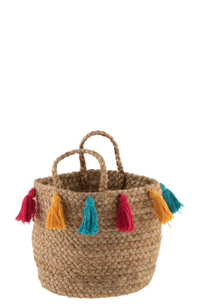 Mand met gekleurde kwasten van jute natuurlijk groot