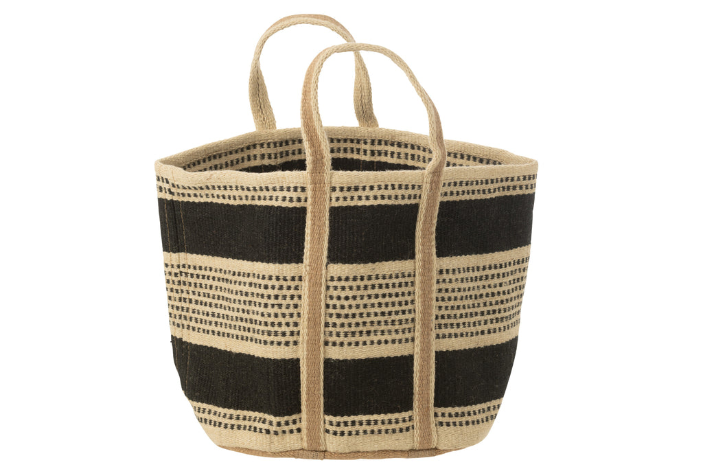 Mand Ronde+Handvat Strepen/Stippen Jute Ecru/Zwart
