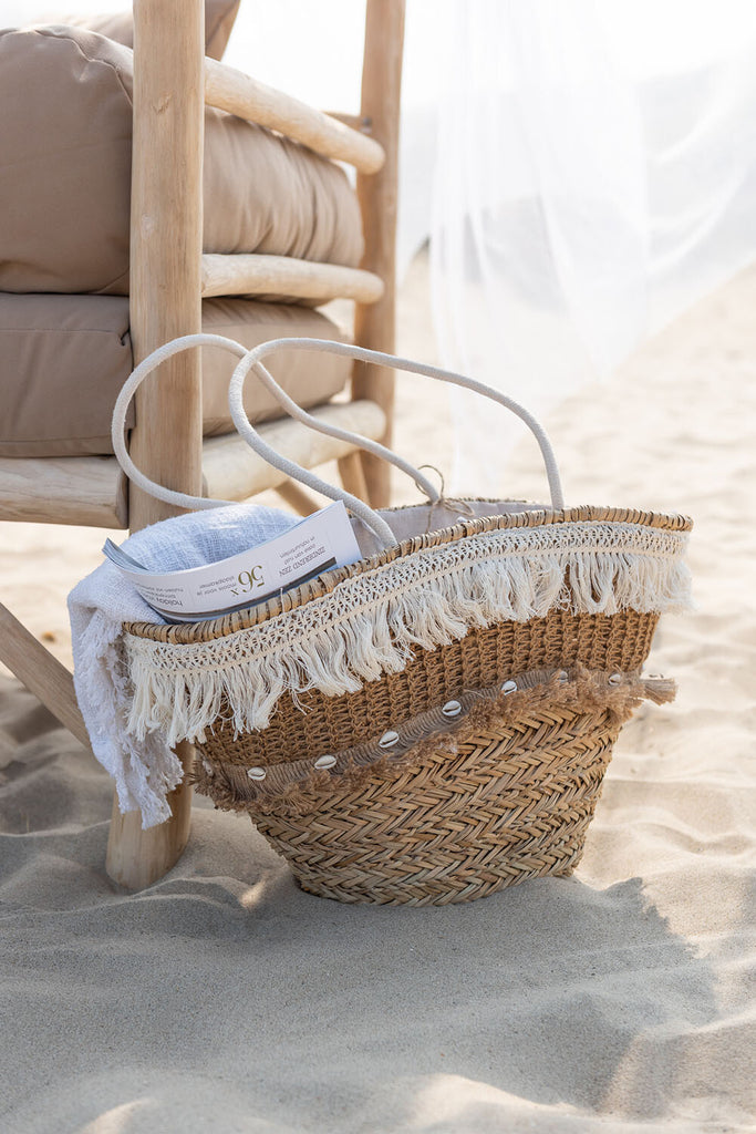 Strandtas met rietkwastjes van jute natuur/ecru
