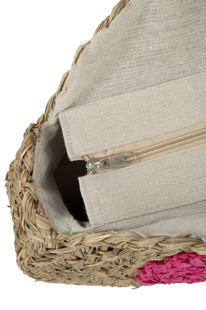 Strandtas Ronde Bloem Zeegras Natuurlijk/Fuchsia