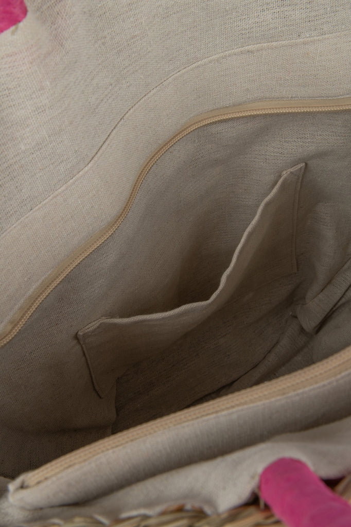 Strandtas Ronde Bloem Zeegras Natuurlijk/Fuchsia