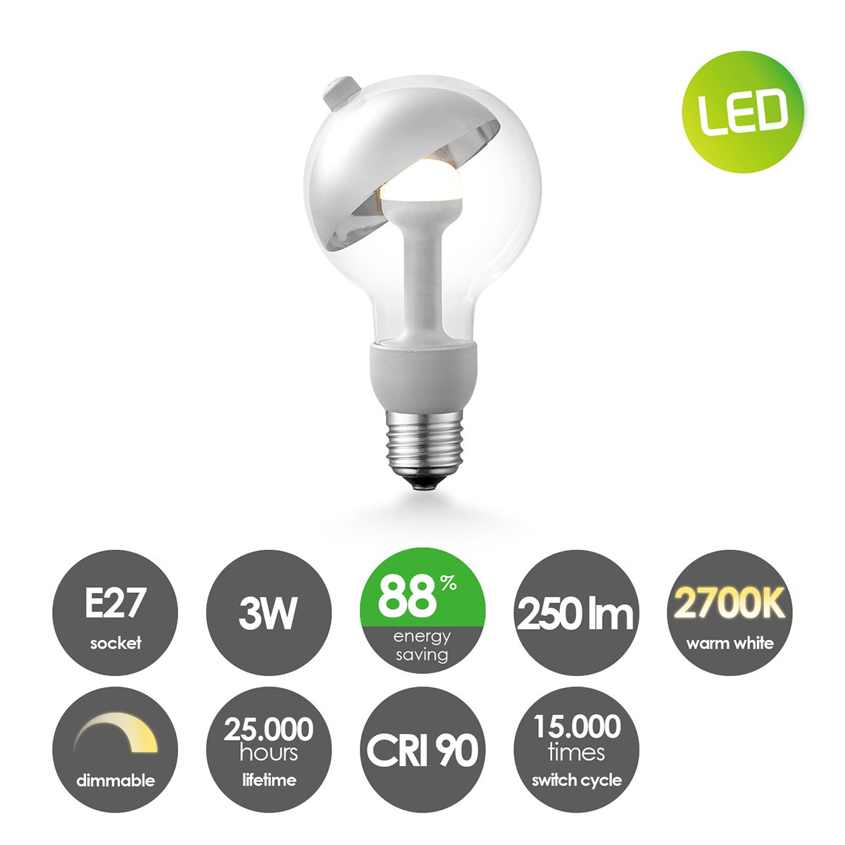 LED lamp Sphere zilver G80 E27 3W 220Lm 2700K