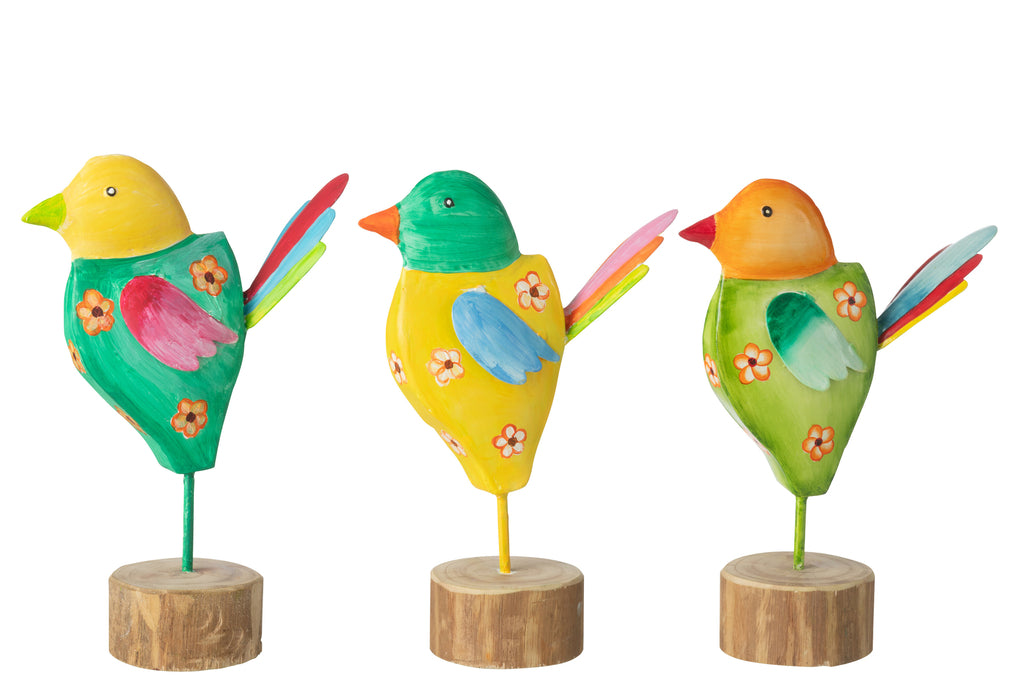 Bird On Stand Flowers Iron/Wood Mix Large Assortment Of 3