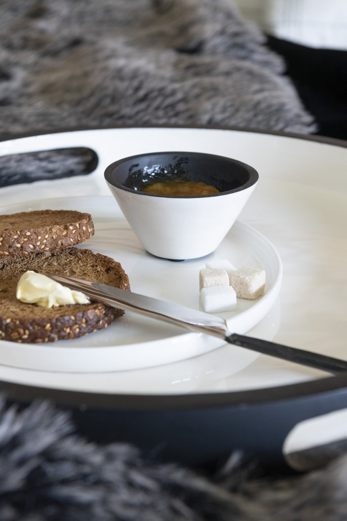 Kom met een houten zwarte/witte kom set van 2.