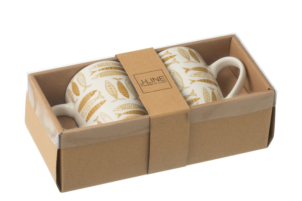 J-Line Doos met 2 mokken vis keramiek bruin