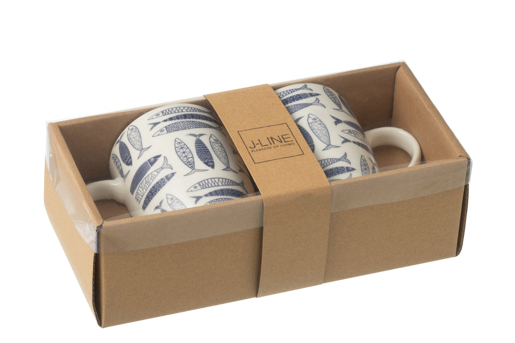 J-Line Doos met 2 mokken vis keramiek donkerblauw