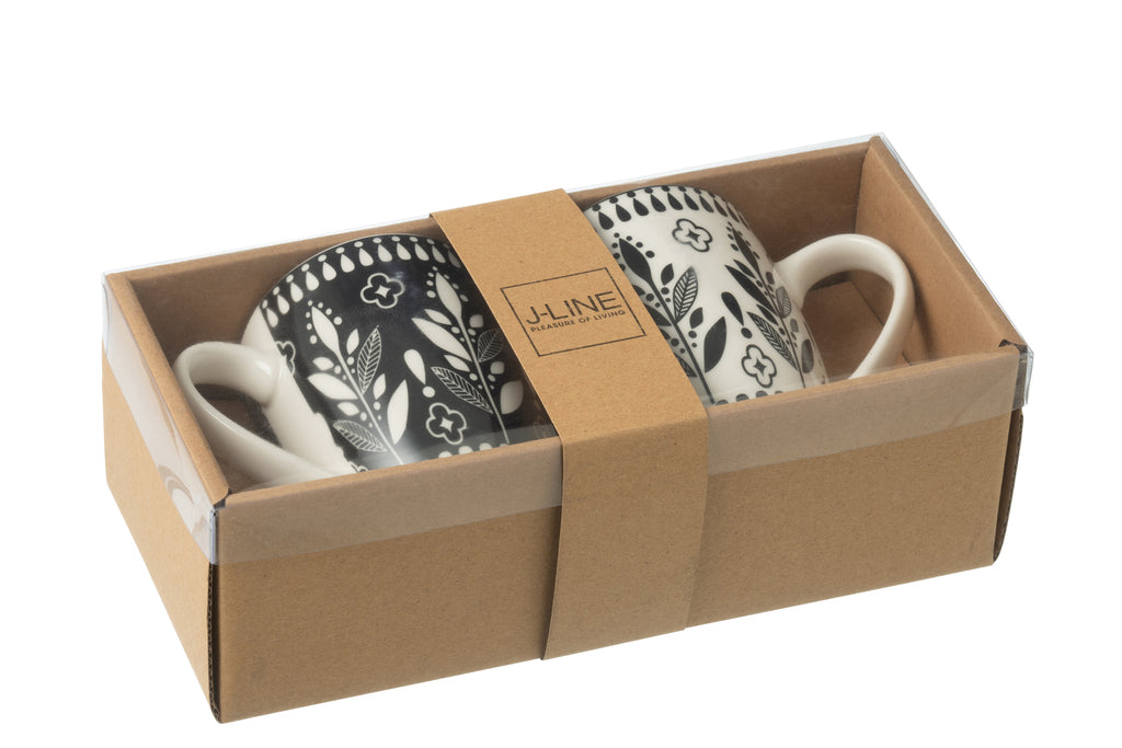 J-Line Doos met 2 mok bladeren keramiek zwart/wit